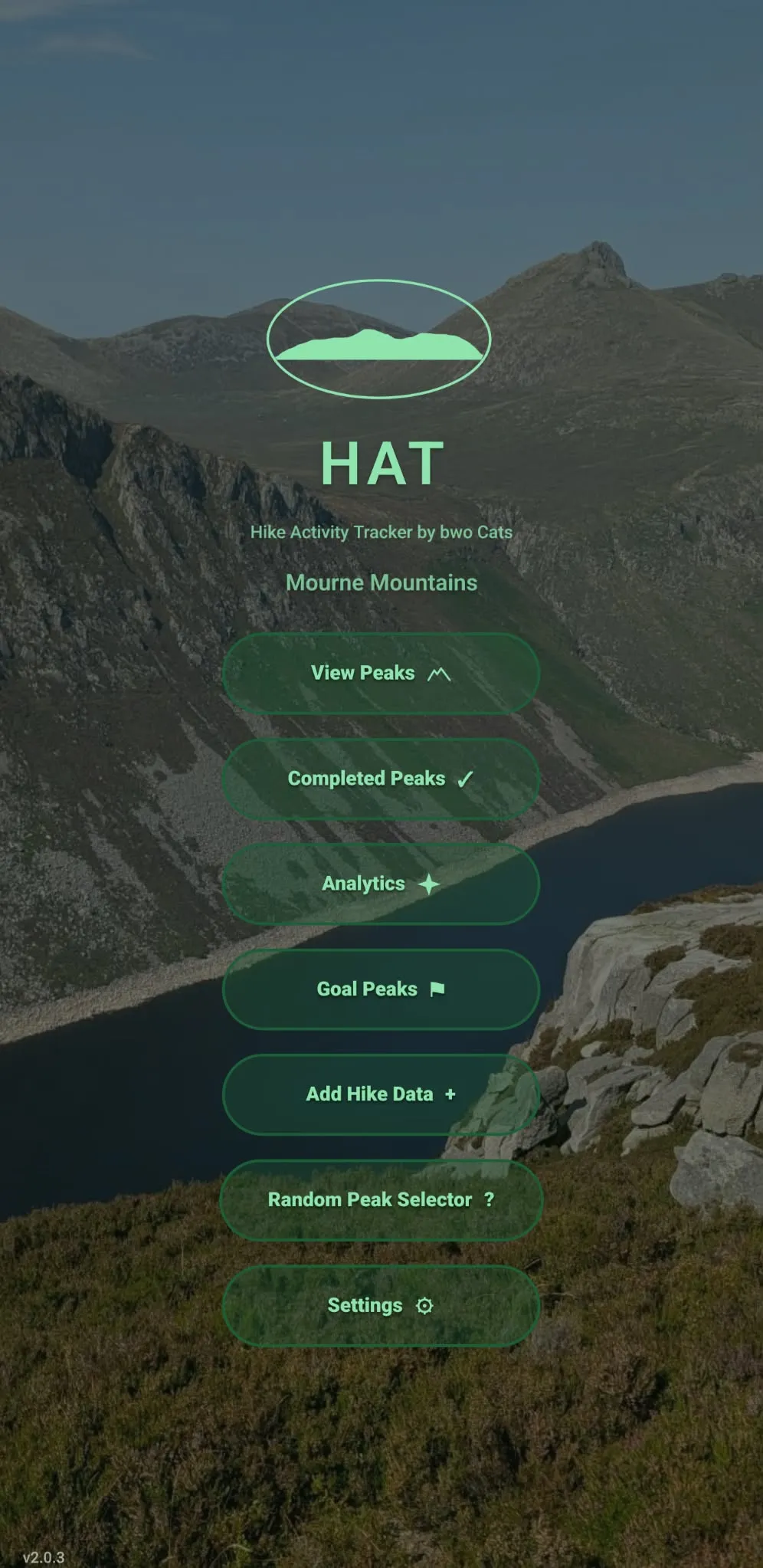 HAT home screen: buttons for View Peaks, Completed Peaks, Analytics, Goal Peaks, Add Hike Data, Random Peak Selector and Settings over a Mourne Mountains photo